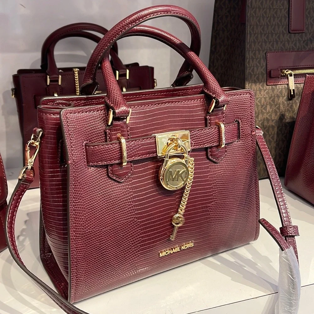 Michael Kors Small Hamilton Pebbled Leather Satchel Crossbody Bag Merlot